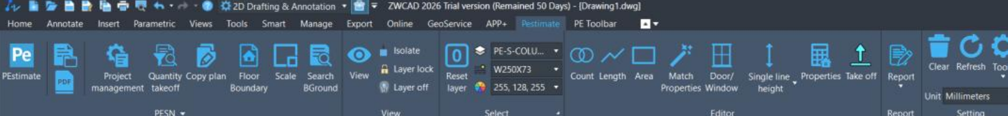 PEstimate ribbon toolbar inside ZWCAD, with tools for quantity takeoff, floor boundary, scale, and reports